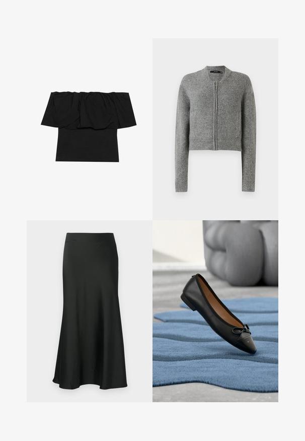 Grå strikket cropped cardigan med lynlås og lange ærmer samt ribbede manchetter på en hvid baggrund.; Sort off-shoulder top med foldet stof ved halsudskæringen, en tætsiddende tekstur ved kroppen og korte ærmer. Blødt, glat materiale.; Sort satin nederdel med en udvidet silhuet, mellemlang design, glat tekstur og en simpel, udekoreret talje.; Sort læderballetsko med rundet tå, skinnende sort hælkap og en sløjfedetalje. Har en polstret indersål og lav hæl.
