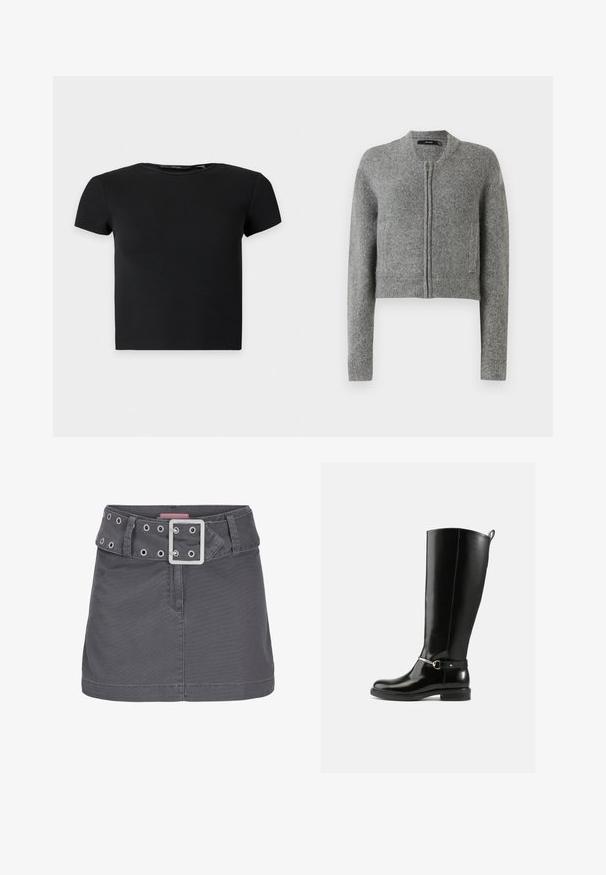 Cardigan court zippé en tricot gris avec des manches longues et des poignets côtelés sur un fond blanc.; Top court noir à manches courtes en côte avec un col rond, présenté sur un fond clair uni.; Jupe mini en coton gris avec une large ceinture ornée d'œillets en argent et d'une boucle en métal carrée, conçue avec une silhouette épurée et droite.; Bottes noires montantes en cuir verni, avec un détail de boucle argentée à la cheville et une conception à bout arrondi. Semelle plate.