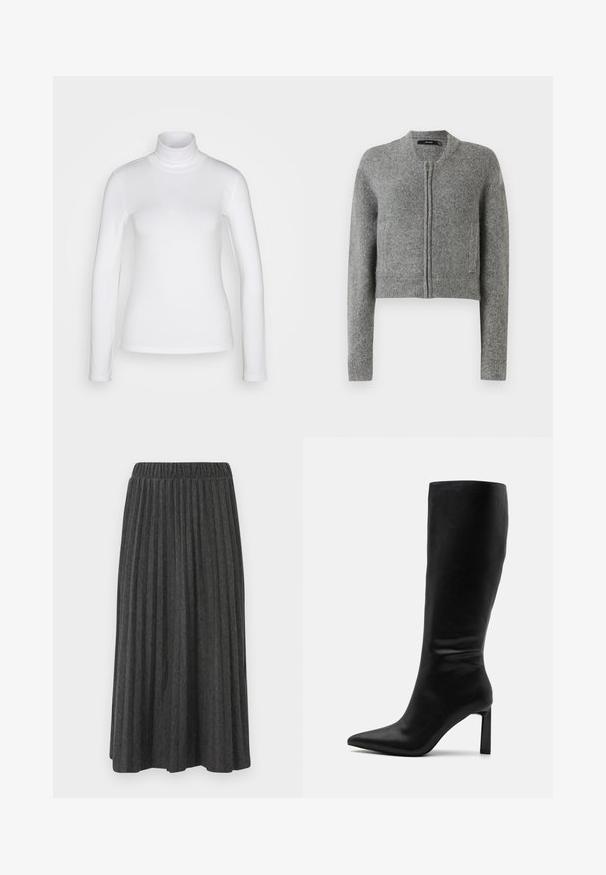 Sivý pletený krátky cardigan na zips s dlhými rukávmi a rebrovanými manžetami na bielom pozadí.; Biela dlhá rukáv turtleneck košeľa vyrobená z hladkej, pružnej látky. Má priliehavý strih a vysoký golier. Bez viditeľných vzorov alebo akcentov.; Sivá plisé sukňa midi s elastickým pásom, so zvislými záhybmi a hladkou textúrou, vhodná na rôzne príležitosti.; Even&Odd Čižmy - black