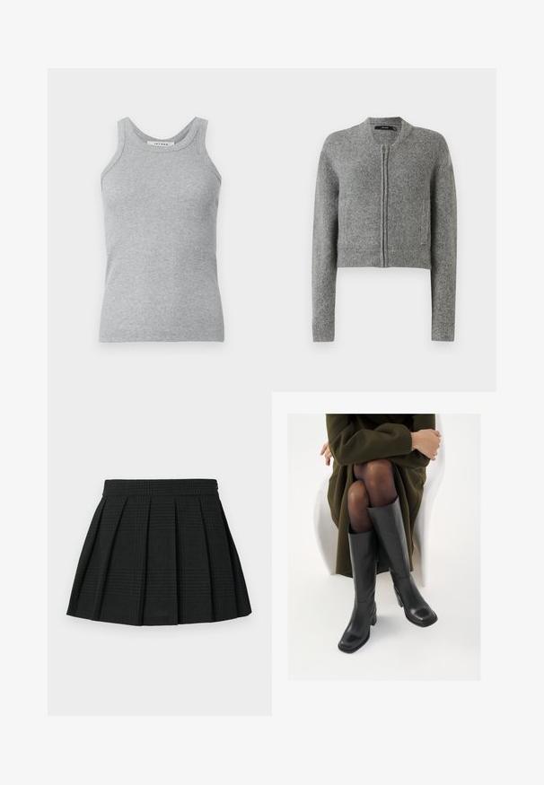 Cárdigan corto de punto gris, con cremallera, de mangas largas y puños acanalados, sobre un fondo blanco.; Camiseta de tirantes gris con textura acanalada, escote redondo y tirantes anchos. La tela tiene una textura suave y una silueta ajustada.; Falda corta de pliegues negra hecha de tela texturizada. Presenta una cinturilla y un sutil patrón de cuadros en toda la prenda. Longitud corta con pliegues en capas.; Botas de cuero negro hasta la rodilla con puntera cuadrada y tacón de bloque, presentadas con un modelo sentado en un abrigo verde oliva. Textura suave, mínimo detalle.