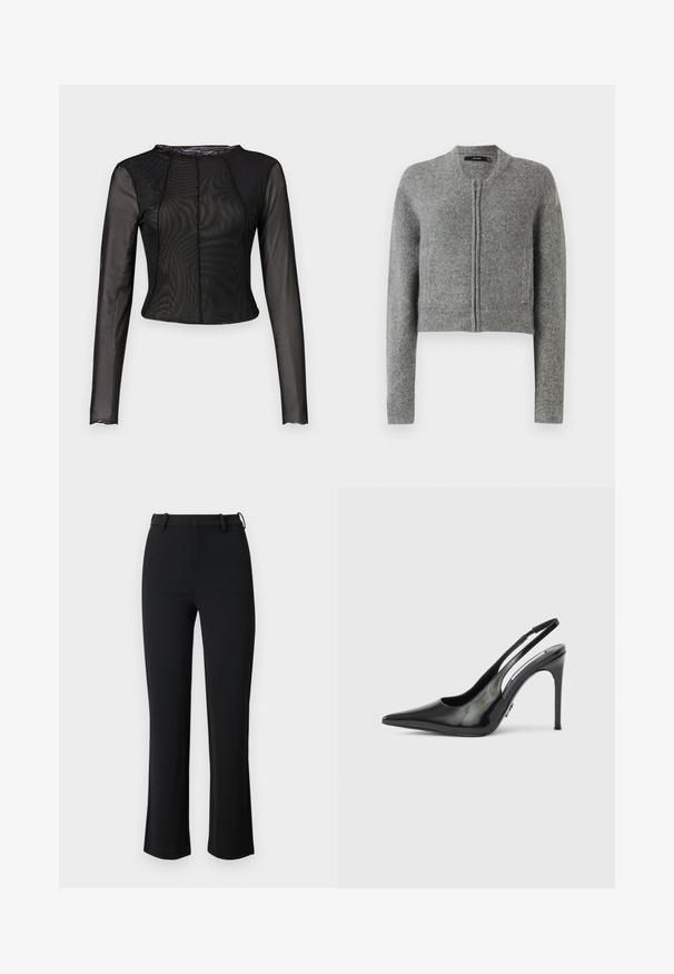 Cardigan court zippé en tricot gris avec des manches longues et des poignets côtelés sur un fond blanc.; Haut en mesh noir à manches longues, au design ajusté, avec un col rond et une texture subtile. Présente des coutures à l'avant et à l'arrière pour plus de structure.; Pantalons noirs en tissu lisse et extensible, dotés d'une taille ajustée, de passants de ceinture et de jambes légèrement évasées avec des fentes latérales.; Escarpin noir en cuir verni à bride arrière, talon haut, bout pointu, côtés découpés et talon fin. Finition brillante avec des détails matériels minimaux.