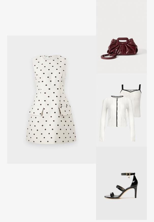 Cardigan en maille blanche et top sans manches assorti avec bordure noire festonnée sur les bords, présenté sur fond neutre.; Robe blanche sans manches à pois noirs, taille ajustée et deux poches avant à rabat, présentée sur un fond clair uni.; Sandale en cuir verni noir avec trois brides, boucle de cheville et talon aiguille de 10 cm. Présente un détail en métal doré et un charm logo.; Petit sac à main en cuir rouge foncé avec texture froncée, poignée rectangulaire découpée pour la main et bandoulière détachable sur fond blanc.