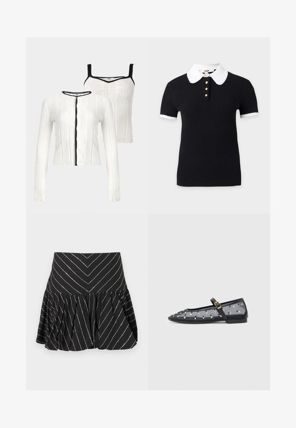 Cardigan en maille blanche et top sans manches assorti avec bordure noire festonnée sur les bords, présenté sur fond neutre.; Haut noir côtelé à manches courtes avec col et poignets festonnés blancs, orné de quatre boutons dorés sur le devant de l'encolure.; Mini-jupe évasée noire avec des rayures diagonales argentées et une couture froncée sous la ceinture pour plus de volume et de texture.; Ballerines transparentes noires avec un bout pointu, une semelle plate et une bride à boucle, ornées de pois métalliques.