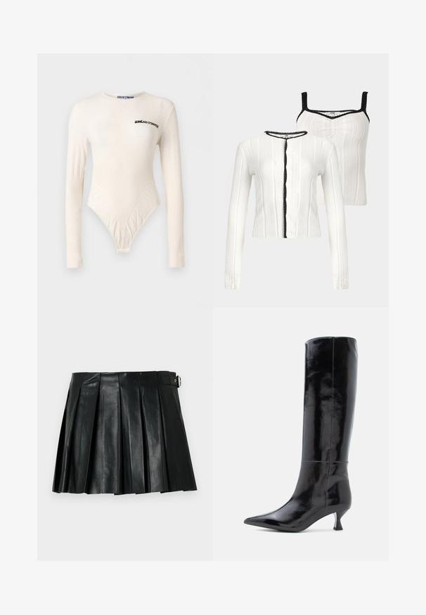 Cardigan en maille blanche et top sans manches assorti avec bordure noire festonnée sur les bords, présenté sur fond neutre.; Body en crème à manches longues avec motifs texturés subtils, col rond, et logo "SINÉAD O'DWYER" imprimé sur la poitrine et l'étiquette du col.; Mini-jupe plissée en simili cuir noir avec détail boucle latérale sur fond uni.; Bottes en cuir noir, montantes jusqu'au genou, avec une finition brillante, un bout pointu et un petit talon carré. Texture lisse, détails de couture minimalistes.