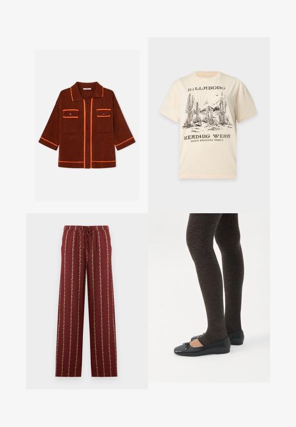 Cardigan en maille marron avec bordure orange, col et devant boutonné. Comprend deux poches poitrine et manches courtes. Tissu texturé.; T-shirt beige avec une scène de désert noire représentant des cactus, des montagnes et des oiseaux, étiqueté "Billabong Heading West Since Seventy Three."; Pantalon bordeaux à cordon de serrage avec rayures florales jaunes verticales, taille élastique et coupe droite sur fond blanc.; Jambes portant des leggings côtelés foncés associés à des ballerines noires avec de petits détails en nœud sur fond blanc.