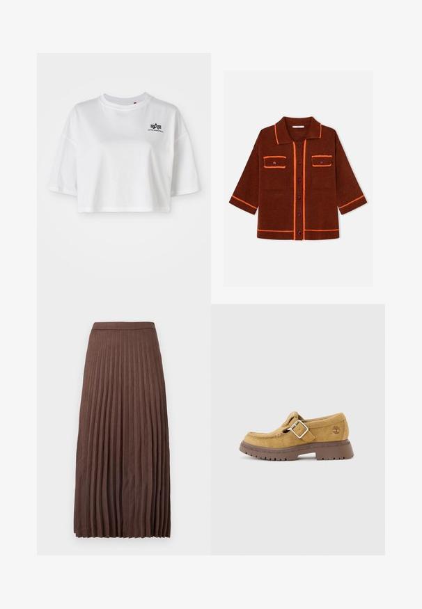 Cardigan en maille marron avec bordure orange, col et devant boutonné. Comprend deux poches poitrine et manches courtes. Tissu texturé.; T-shirt blanc court en coton, avec un col rond, des manches courtes et un accent de logo noir sur la poitrine gauche.; Jupe midi plissée marron en tissu texturé, dotée d'une taille ajustée et de plis verticaux s'étendant de la taille à l'ourlet.; Mocassin en daim beige avec une lanière à boucle argentée, un bout cousu, une semelle épaisse crantée marron, et un logo Timberland embossé sur le côté du talon.
