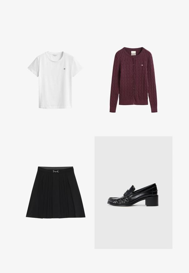 Gilet bordeaux en maille torsadée avec manches longues, boutonnage devant, encolure ronde et petit logo brodé sur la poitrine.; T-shirt blanc à manches courtes et col rond avec un petit logo foncé sur la poitrine gauche, présenté sur un fond blanc uni.; Jupe plissée noire avec une taille ajustée et des détails en métal argenté. Fabriquée dans un tissu lisse, elle présente des plis verticaux et une forme évasée.; Mocassins en cuir noir avec un devant froncé, bout rond et un talon carré. Présentent une bande décorative et des détails de couture le long des bords.