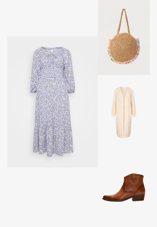Kremfarvet, lang strikket cardigan med åbent front, kabelstrik og blondemønstre, med ribstrikkede manchetter og kant.; Blomstret kjole med lilla bund, prydet med hvide og gule blomster. Lange ærmer, rynket halsudskæring og lagdelt kant. Letvægtsstof.; Brun læder ankelstøvle med spids tå, dekorativ syning og en lav stablet hæl; har en mellemhøj skaft og trækstropper.; Rund flettet stråhåndtaske med kort rem og flerfarvede hæklet detaljer rundt kanterne.