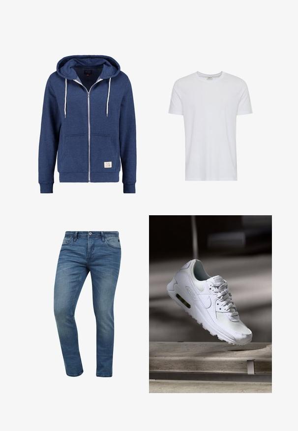 Mørkeblå hættetrøje med lynlås, frontlomme, justerbar snoretræk til huen, ribbede manchetter og et lille mærke nederst foran. Blødt stof.; Plain hvid kortærmet t-shirt med rund hals, vist på en hvid baggrund, med et lille nakke-label, der viser mærket “Solid”.; Tætsiddende blå denim jeans med en falmet vask, fem lomme-design og lukning med metalknap. Stoffet har en let tekstur og syninger.; Hvide Nike Air Max 90 sneakers med en overdel i mesh og læder, perforeret tåboks og en synlig luftenhed i hælen.