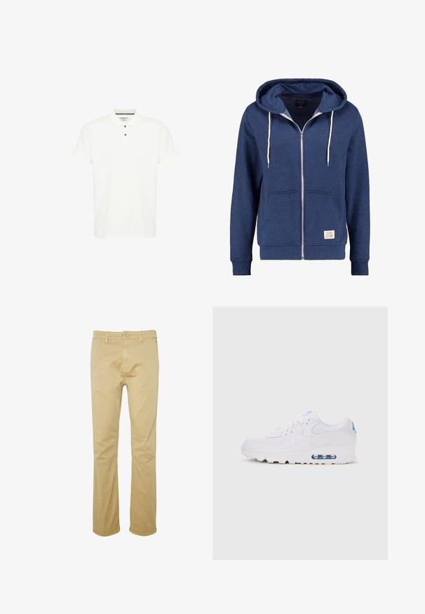 Hoodie zippé bleu marine avec une poche avant, capuche réglable avec cordon, poignets côtelés et une petite étiquette sur le bas devant. Texture de tissu douce.; Polo shirt blanc en coton, avec un col classique, des manches courtes et une patte de boutonnage à trois boutons avec des boutons bleu marine.; Chinos en coton beige avec une coupe droite, présentant une fermeture éclair, un bouton et des poches avant. Texture lisse avec des détails minimes.; Baskets basses blanches avec amorti visible, fermeture à lacets et détails de logo bleus sur le talon et la languette, vues de profil.