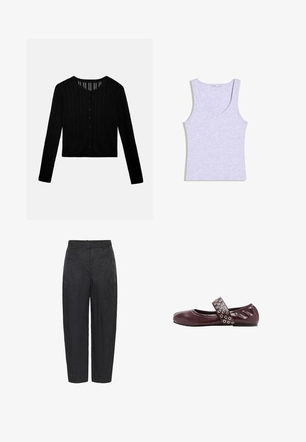 Sort langærmet strikket cardigan med lodret ribmønster og knaplukning foran, kort længde og rund halsudskæring.; Lysegrå ribstrikket ærmeløs tanktop med V-udskæring, lagt fladt med forsiden og Bershka-mærket vist.; Sorte, rynkede bukser med en afslappet pasform. Lavet af letvægtsstof, med en glat overflade og standard talje.; Bordeaux læderballetsko med rund tå, elastisk rem med sølvøjer og en blød, samlet hæl for ekstra komfort.