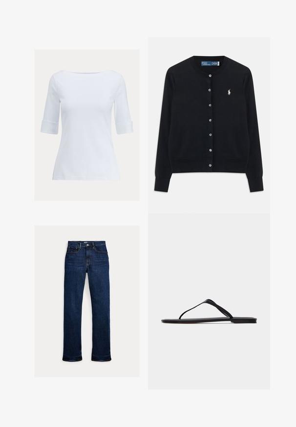 Must sõlgaga must kardigan pikade varrukatega, ümar kaelus ja valge Polo Ralph Laureni logo tikitud vasakule rinda.; Valge puuvillane T-särk laia kaelusega, kolmeveerandi varrukatega ja keeratud mansettidega. Sile tekstuur, keha lähedane disain ja ilma nähtavate mustriteta.; Tumesinised sirge säärega teksapüksid, eesmine nööp ja lukk, viie taskuga disain ning nähtavad õmblused.; Mustad lamedad plaankingad õhukeste rihmade ja minimalistliku disainiga, küljelt nähtud ühevärvilisel heledal taustal.