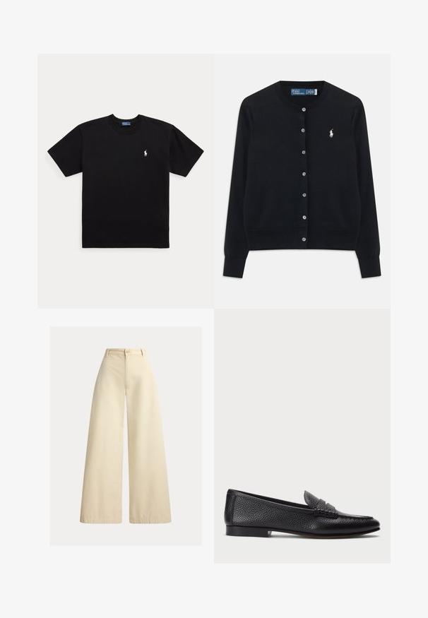 Čierny cardigan s gombíkmi, dlhými rukávmi, okrúhlym výstrihom a vyšitým bielym logom Polo Ralph Lauren na ľavej hrudi.; Čierne tričko s krátkym rukávom a okrúhlym výstrihom, s malým bielym vyšívaným logom Polo Ralph Lauren na ľavej strane hrudníka.; Béžové široké nohavice vyrobené z bavlny s vysokým pásom, predným zapínaním na gombíky a upravenými švami pozdĺž okrajov.; Čierne kožené loafers s textúrovaným povrchom, vybavené dekoratívnym pásikom a plochým podpätkom. Elegatný, minimalistický dizajn s okrúhlou špičkou.
