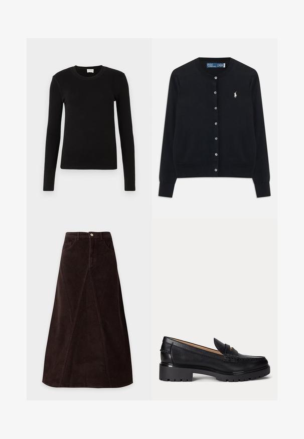Čierny cardigan s gombíkmi, dlhými rukávmi, okrúhlym výstrihom a vyšitým bielym logom Polo Ralph Lauren na ľavej hrudi.; Čierne tričko s dlhým rukávom vyrobené z mäkkej, hladkej tkaniny. Má okrúhly výstrih a priliehavý strih, bez viditeľných vzorov alebo akcentov.; Tmavohnedá kordová sukňa v tvare A s detailmi na prednom paneli, pútkami na opasok, prednými vreckami a zapínaním na gombík v páse.; Čierny kožený mokasín s hrubou profilovou podrážkou, nízkym podpätkom a dekoratívnym remienkom vpredu.