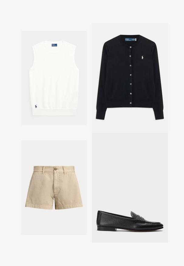 Must sõlgaga must kardigan pikade varrukatega, ümar kaelus ja valge Polo Ralph Laureni logo tikitud vasakule rinda.; Valge varrukateta topp pehmest kangast, millel on soonikuga kaelus ja serv. Väike tumesinine logo vasaku alumise nurga juures.; Beežist puuvillased lühikesed püksid sirge lõikega, nööpkinnitusega ja kahe eesmise taskuga. Sile pind ja ülesseotud ääre detail.; Must värvi nahast loafer tekstureeritud viimistlusega, dekoratiivse rihmaga ja madala kanna ning sileda, minimalistliku disainiga ümmarguse ninaga.