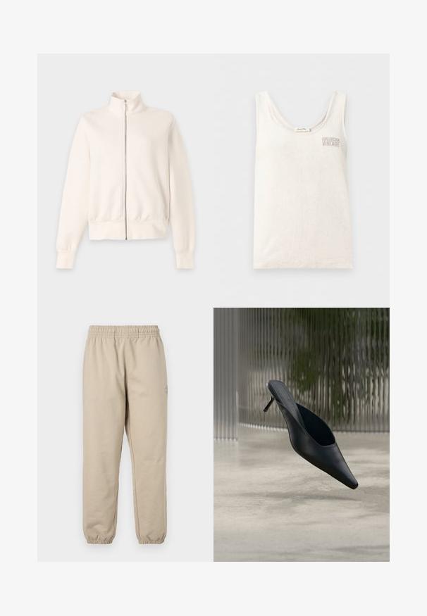 Off-white langærmet lynlåstrøje med høj krave og ribbet manchet og kant på en lysegrå baggrund.; Hvid ærmeløs tanktop med rund halsudskæring og "American Vintage"-logo broderet på øverste venstre bryst.; Beige sweats med elastisk talje og manchetter. Blødt bomuldsmateriale, lige ben-design, med et lille broderet logo på siden.; Sort mule sko med spids tå og tynd høj hæl, der svæver over en glat beton gulv med en sløret baggrund med lodrette striber.
