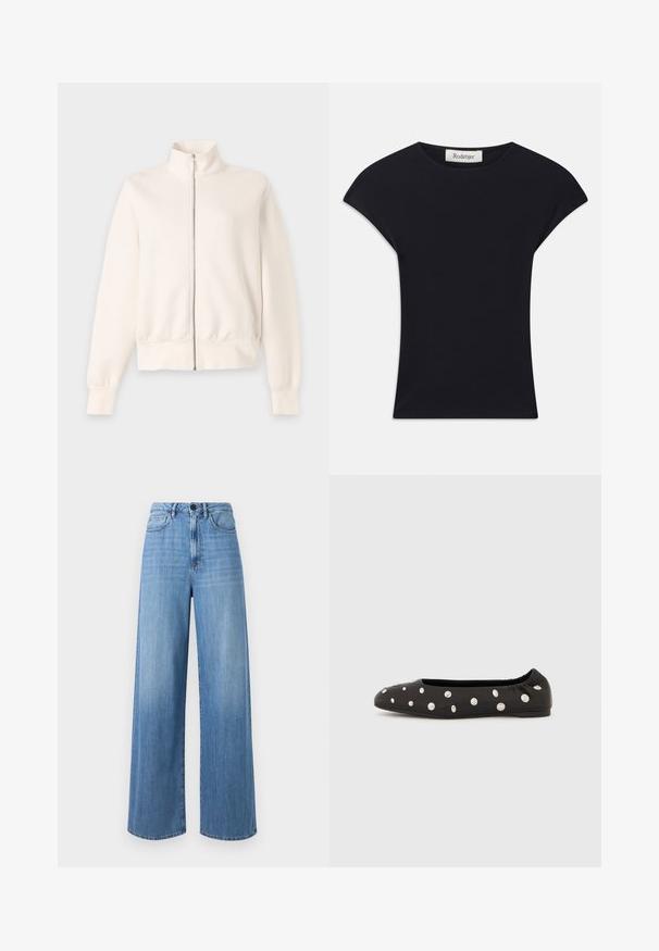 Off-white langärmelige Jacke mit Reißverschluss, hohem Kragen und gerippten Bündchen und Saum auf hellem grauem Hintergrund.; Schwarzes Kurzarmoberteil aus weichem Stoff, mit einem runden Ausschnitt und einer figurbetonten Form, die subtile Schulterakzente setzt. Etikett sichtbar.; Helle blaue Wide-Leg-Jeans aus Denim mit hoher Taille, Gürtelschlaufen, Vordertaschen und kontrastierenden Steppnähten.; Schwarzer Ballettflachschuh mit elastischem Fersenband und verstreuten großen silbernen Rundnieten auf der Oberseite, seitlich auf weißem Hintergrund gezeigt.