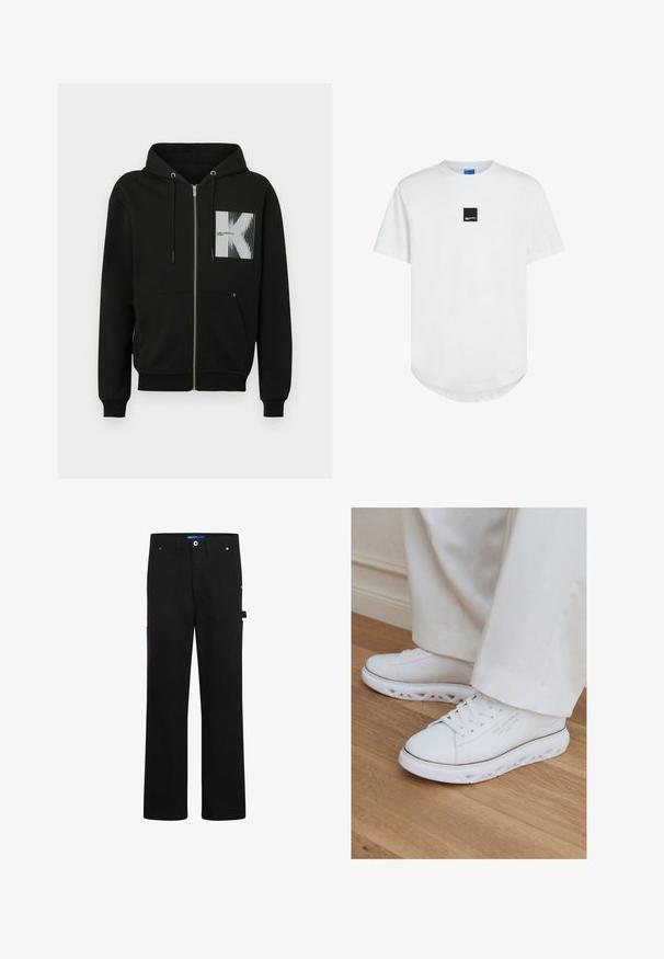 Zwarte hoodie met ritssluiting, voorvak, capuchon met trekkoord en een grafisch vierkant met een gestileerde 'K' en verticale lijnen in wit.; Wit T-shirt met korte mouwen, voorzien van een afgeronde zoom en een klein zwart vierkant logo op de voorkant. Gemaakt van zacht katoen.; Zwarte cargo broek met een rechte snit, voorzien van twee voorzakken, een achterzak en blauwe accenten aan de zijkant en op de tailleband.; Witte lage sneakers met unieke uitgesneden zolen gedragen met lichte broeken op een houten vloer.