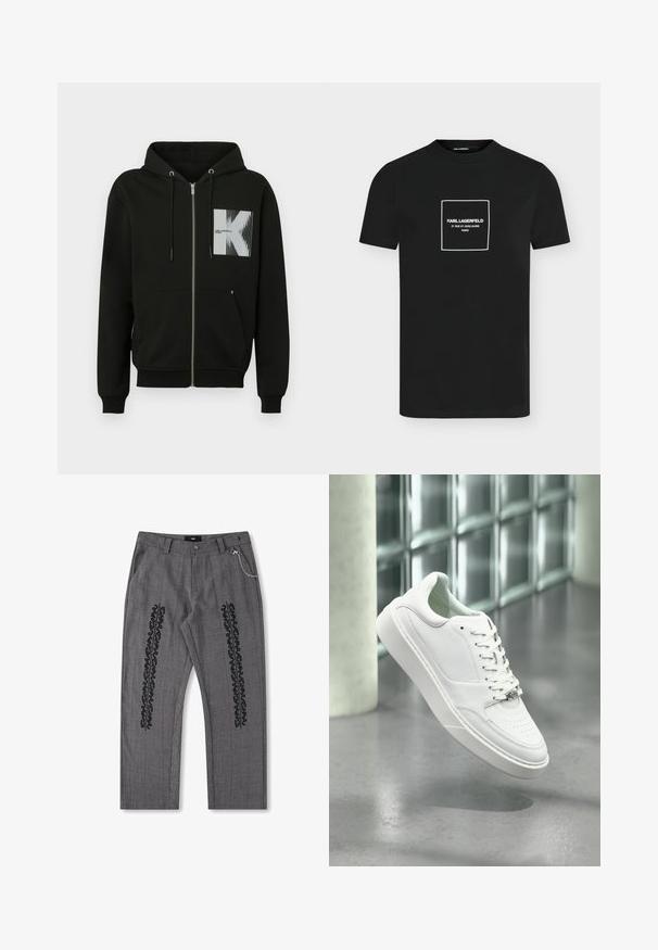 Schwarzer Kapuzenpullover mit Reißverschluss, einer Fronttasche, Kordelzug an der Kapuze und einem grafischen Quadrat mit einem stilisierten "K" und vertikalen Linien in Weiß.; Schwarzes T-Shirt mit kurzen Ärmeln und Rundhalsausschnitt, mit einem weißen Quadrat und dem Text „KARL LAGERFELD 21 RUE ST-GUILLAUME PARIS“ zentriert auf der Brust.; Grau karierte Hose mit schwarzem Textdetail an den Seiten, mit einer Kette als Akzent am Bund. Gerade Beinform, strukturiertes Material.; Weißer Ledersneaker mit abgerundeter Spitze, Schnürverschluss und flacher Gummisohle. Verfügt über perforierte Details und dezentes Logo-Akzent.
