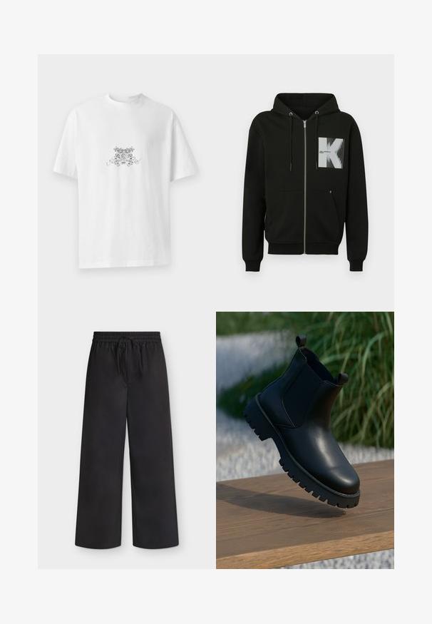 Zwarte hoodie met ritssluiting, voorvak, capuchon met trekkoord en een grafisch vierkant met een gestileerde 'K' en verticale lijnen in wit.; Witte katoenen t-shirt met een ronde hals, korte mouwen en een zwart bloemenprintontwerp met "HUGO" in het midden.; Zwarte broek met wijde pijpen, elastische tailleband en trekkoord, plat weergegeven op een lichte achtergrond.; Zwarte leren enkellaarsjes met elastische zijpanelen, ronde neus en robuuste zool, tentoongesteld op een houten oppervlak.
