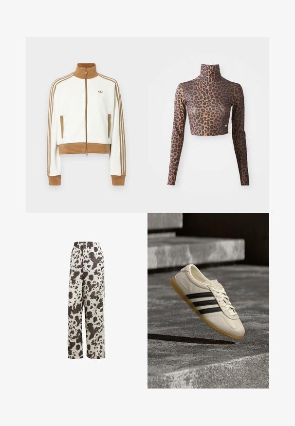 Hvid cropped jakke med en ribbet brun krave og mansjetter. Har to sidelommer og tre brune striber langs ærmerne. Broderet logo.; Langærmet cropped top med leopardprint i brune og sorte farver, med høj hals og glat, sleek tekstur. Diskret logo-detalje ved kanten.; adidas Originals COW PRINT SATIN WIDE LEG - Træningsbukser - multicolor off white; Hvid sneaker med sorte striber og gummisål svæver over betontrapper i blødt dagslys.