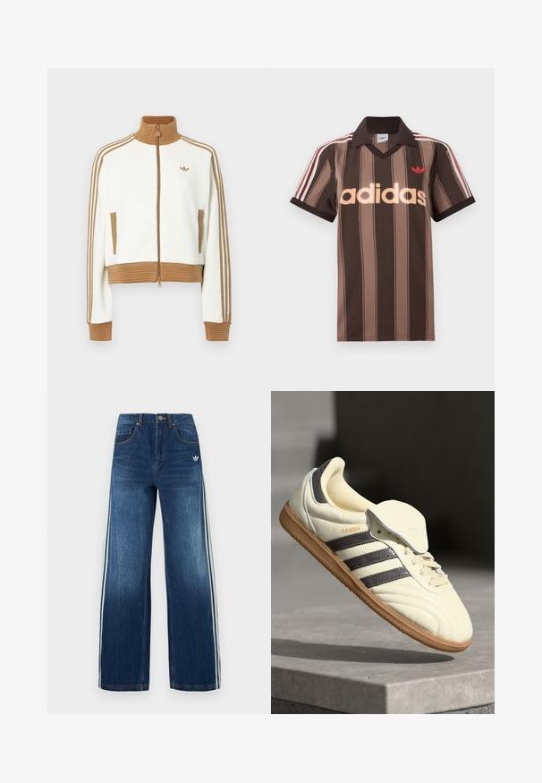 Hvid cropped jakke med en ribbet brun krave og mansjetter. Har to sidelommer og tre brune striber langs ærmerne. Broderet logo.; Brunstribet Adidas polo-shirt med V-hals, bordeaux krave og rødt logo. Har hvide og røde skulderstriber samt korte ærmer.; Denim bukser med brede ben, mørkeblå med lyseblå sidelister, fem-lomme design, metal knap og lynlåslukning, falmet tekstur.; Cremefarvede lædersneakers med tre mørke striber, en brun gummisål og en afrundet tå. Har en foldbar tunge mærket "SAMBA."
