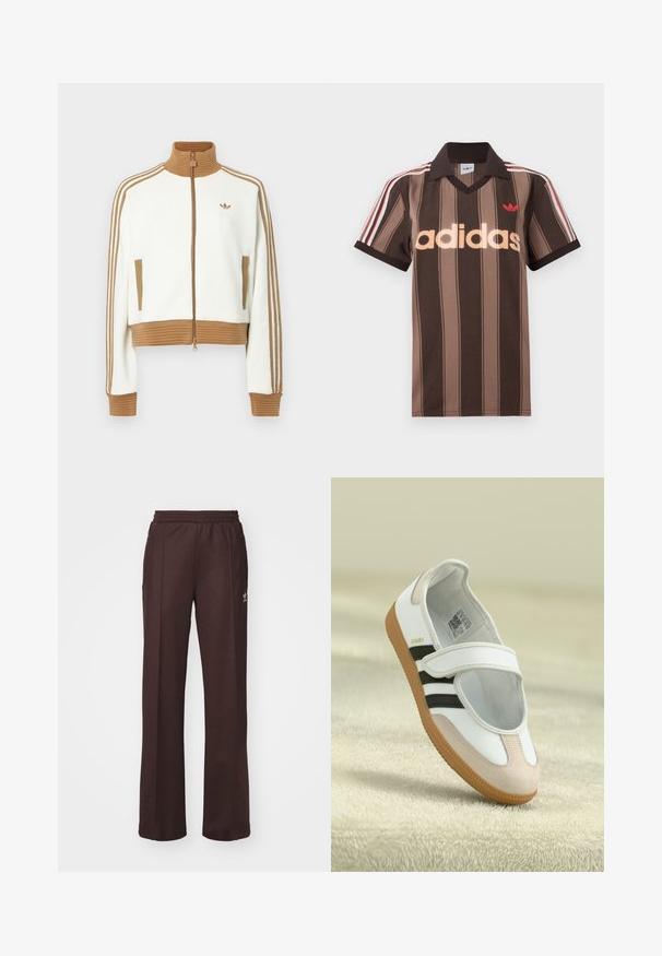 Hvid cropped jakke med en ribbet brun krave og mansjetter. Har to sidelommer og tre brune striber langs ærmerne. Broderet logo.; Brunstribet Adidas polo-shirt med V-hals, bordeaux krave og rødt logo. Har hvide og røde skulderstriber samt korte ærmer.; Brune træningsbukser med elastisk talje, to sidelommer og et lille logo på venstre side, lavet af et blødt stof.; Hvid sko med en lyserød ruskindforfod, sorte striber og en velcrorem. Har en lys gummi sål og et logo på siden.