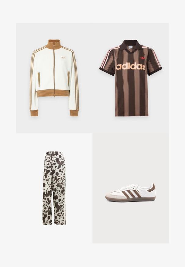 Hvid cropped jakke med en ribbet brun krave og mansjetter. Har to sidelommer og tre brune striber langs ærmerne. Broderet logo.; Brunstribet Adidas polo-shirt med V-hals, bordeaux krave og rødt logo. Har hvide og røde skulderstriber samt korte ærmer.; adidas Originals COW PRINT SATIN WIDE LEG - Træningsbukser - multicolor off white; Hvid Adidas Samba sneaker med brune ruskindstriber, brun gummisål og beige ruskindståhætte, vist fra ydersiden på en ensfarvet baggrund.