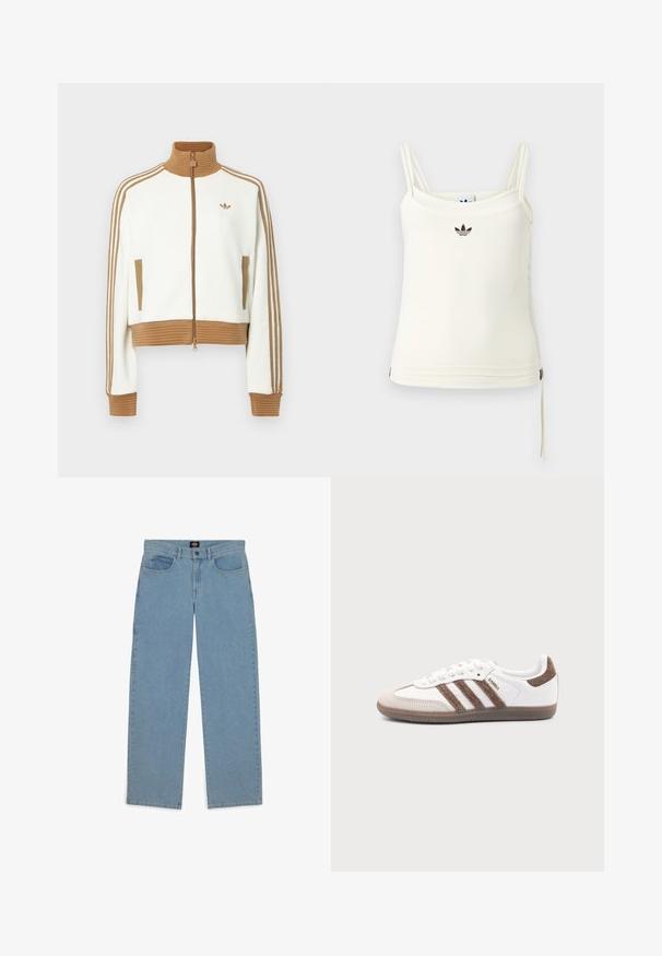 Witte cropped jas met een geribbeld bruin kraag en boorden. Voorzien van twee zijzakken en drie bruine strepen langs de mouwen. Geborduurd logo.; Roomkleurig tanktop met dunne bandjes; Adidas-logo in zwart op de borst. Glad stof met een koorddetail aan de zoom. Eenvoudig ontwerp.; Lichtblauwe jeans, losse pasvorm, denim stof, vijf-pocket ontwerp, knoopsluiting, rechte pijpen, zichtbare stiksels, geen patronen of accenten.; Witte Adidas Samba sneaker met bruine suède strepen, bruine rubberen zool en beige suède neuskap, getoond vanaf de buitenkant op een effen achtergrond.