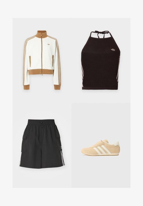 Hvid cropped jakke med en ribbet brun krave og mansjetter. Har to sidelommer og tre brune striber langs ærmerne. Broderet logo.; Sort mesh halter crop top med tekstureret design. Har pink accentstriber og en lille logo foran. Lukning med bånd bagpå.; Sorte cargo shorts lavet af letvægtsmateriale, med elastisk talje, snor lukning, sidelommer og hvide sidelister.; Brune og creme atletiksko med overdel i glat læder, tre hvide striber på siden og en rund tå. Tekstureret overdel med perforeringer.