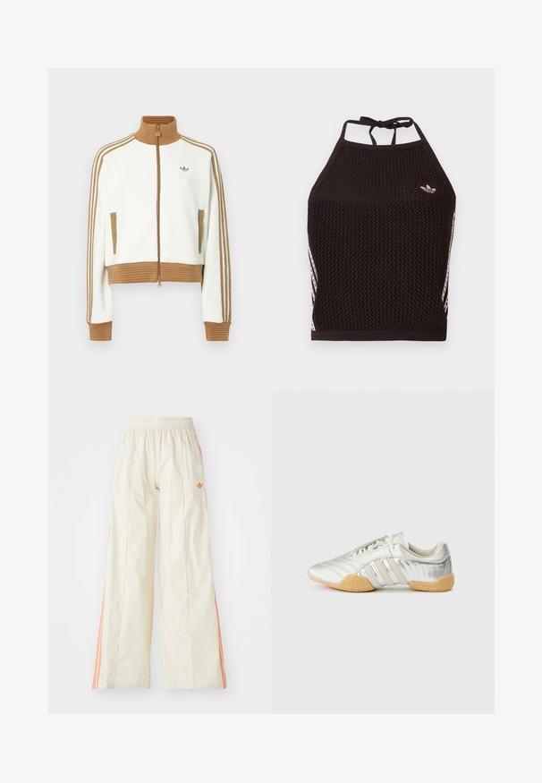 Hvid cropped jakke med en ribbet brun krave og mansjetter. Har to sidelommer og tre brune striber langs ærmerne. Broderet logo.; Sort mesh halter crop top med tekstureret design. Har pink accentstriber og en lille logo foran. Lukning med bånd bagpå.; Cremefarvede bredde benbukser med elastisk talje, der har orange side-striber og et lille orange logo foran.; Sølvfarvet sportssko med en glat læderoverdel, gummisål og teksturerede detaljer. Har et buet design og tonede snørebånd.