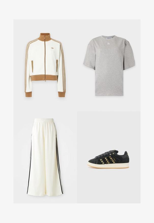 Hvid cropped jakke med en ribbet brun krave og mansjetter. Har to sidelommer og tre brune striber langs ærmerne. Broderet logo.; Lysegrå Adidas T-shirt med korte ærmer, rund hals og lille hvid Adidas-logo på brystet, vist på en ensfarvet baggrund.; Hvide løse bukser med elastisk talje og sorte lodrette striber langs yderseams.; adidas Originals CAMPUS 00S W - Sneakers - core black/carbon/gold-coloured