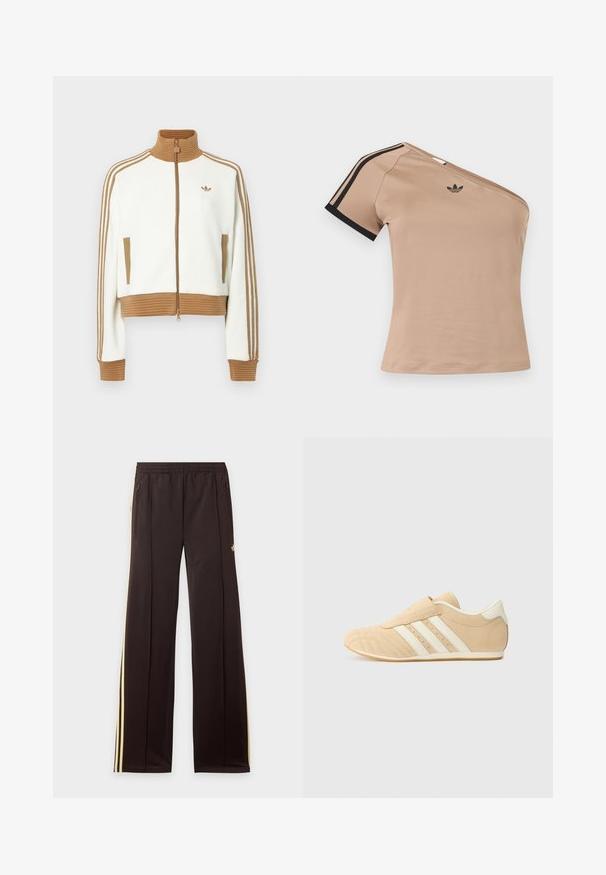 Chaqueta blanca cropped con un cuello y puños de color marrón con canalé. Cuenta con dos bolsillos laterales y tres rayas marrones a lo largo de las mangas. Logo bordado.; Top deportivo beige de un solo hombro con rayas negras en la manga corta y pequeño logo negro de Adidas en el pecho.; Pantalones de chándal negros con rayas amarillas laterales, cintura elástica, bolsillos laterales con cremallera y un pequeño logo en el muslo superior.; Zapatillas deportivas en tono marrón y crema con un acabado de cuero suave, tres rayas blancas en el lateral y una puntera redondeada. Parte superior texturizada con perforaciones.