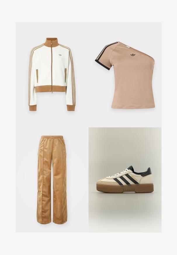 Chaqueta blanca cropped con un cuello y puños de color marrón con canalé. Cuenta con dos bolsillos laterales y tres rayas marrones a lo largo de las mangas. Logo bordado.; Top deportivo beige de un solo hombro con rayas negras en la manga corta y pequeño logo negro de Adidas en el pecho.; Pantalones de pierna ancha en tono beige, fabricados con un material suave y aterciopelado. Cuentan con una cinturilla elástica y costuras verticales en la parte delantera para un detalle adicional.; Zapatilla blanca Adidas con rayas negras, puntera de ante beige, suela marrón y "SPEZIAL" en letras doradas en el lateral.