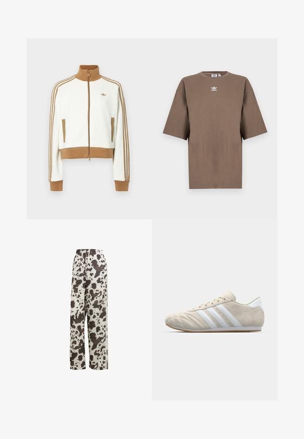 Hvid cropped jakke med en ribbet brun krave og mansjetter. Har to sidelommer og tre brune striber langs ærmerne. Broderet logo.; Brun bomulds t-shirt med korte ærmer, rund hals og hvid Adidas-logo centreret på brystet, som har et enkelt design og en afslappet pasform.; adidas Originals COW PRINT SATIN WIDE LEG - Træningsbukser - multicolor off white; Lys beige ruskindsko med rund tå, hvidt design med tre striber og en gummirubber sål. Har syninger og et lavt profil.