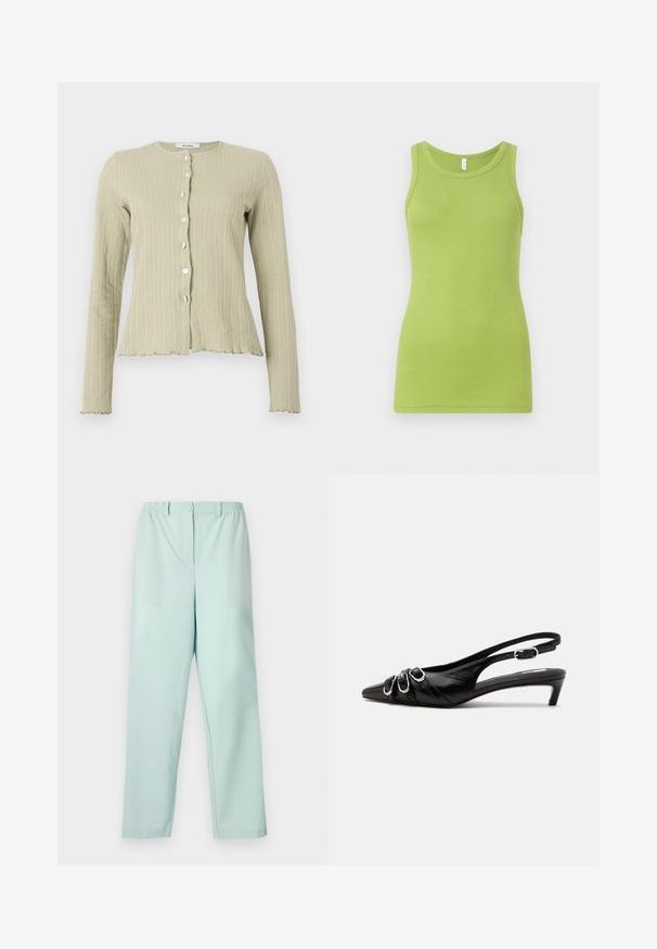 Cardigan côtelé vert clair avec un col rond, des manches longues, un bouton sur le devant et des détails en bordure festonnée.; Débardeur vert en coton côtelé, avec un col rond et sans manches. Texture lisse avec une coupe ajustée.; Pantalons vert menthe clair avec une taille élastique, une fermeture à bouton à l'avant, deux poches avant et des jambes droites. Texture de tissu lisse.; Chaussure slingback en cuir noir avec bout pointu, trois boucles argentées à l'avant et petit talon kitten sur fond blanc.