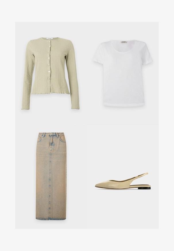Cardigan côtelé vert clair avec un col rond, des manches longues, un bouton sur le devant et des détails en bordure festonnée.; T-shirt blanc à manches courtes en tissu doux, avec un col rond et un ourlet droit sans motifs ni accents visibles.; Une longue jupe en denim bleu clair avec une coupe droite. Comprend cinq poches, des passants de ceinture et un multiplicateur de boutons à l'avant. Texture décolorée sur toute la surface.; Chaussure plate beige à bout pointu avec bride arrière, petit talon noir et finition en cuir lisse, vue de côté sur un fond uni.