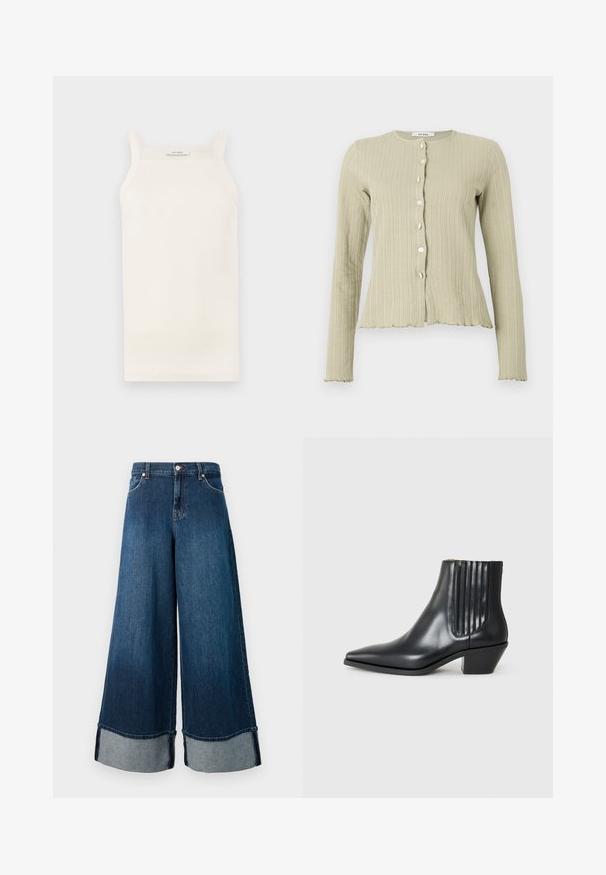Lys grøn ribbad cardigan med rund halsudskæring, lange ærmer, knaplukning foran og bølget kantdetaljer.; Cremefarvet ribbet tanktop med tynde stropper, tætsiddende design og lige kant. Etiketten siger "IVY OAK." Materialet ser blødt og strækbart ud.; Bredde denimjeans i mørk vask med en falmet finish. Har en rå kant og lyskraftige denimmanchetter. Inkluderer forlommer og knaplukning.; Sorte læder ankelstøvle med spids tå, elastiske sidepaneler med lodrette riller og en lav blokhæl. Glat tekstur og slankt design.
