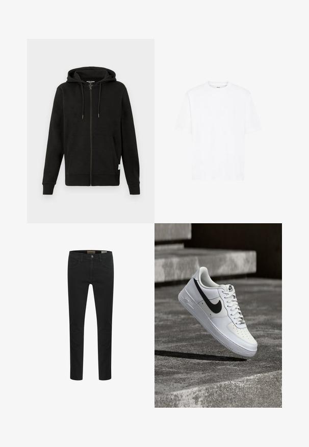 Zwarte zip-up hoodie met een capuchon met trekkoord, voorzakken, geribbelde manchetten en zoom, zachte textuur en subtiele merknaam binnenin de kraag.; Witte korte mouw t-shirt van katoen. Heeft een ronde hals, een ontspannen pasvorm en geen zichtbare patronen of accenten. Eenvoudig en neutraal ontwerp.; Zwarte jeans van denim, met een slim fit, vijf zakken en een knoopsluiting. Glad textuur met minimale stiksels.; Witte Nike Air Force 1 sneaker met zwarte swoosh, veters gestrikt, zwevend in de lucht boven een gestructureerd betonnen oppervlak buiten.