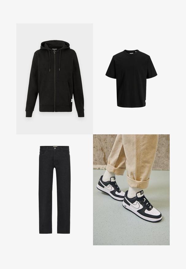 Sort lynlås hættetrøje med snoretræk, frontlommer, ribbet mansjetter og nederste kant, blød tekstur og diskret branding indeni kraven.; Sort bomulds-T-shirt med korte ærmer, rund halsudskæring og en afslappet pasform. Har et lille mærke på den nederste søm.; Sorte lige ben jeans lavet af denim, der har en knaplukning i taljen, fem lommer og et minimalistisk design uden synlige mønstre.; Sorte og hvide Nike Air Force 1 sneakers med læderoverdel, perforeret tå og tekstureret såldetalje, båret med rullede beige bukser og hvide sokker.