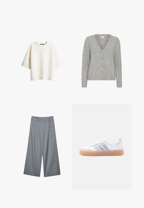 Grauer, gestrickter Cardigan mit V-Ausschnitt, sieben Knöpfen auf der Vorderseite, gerippten Bündchen und Saum. Sanfte Textur; minimalistisches Design ohne Muster.; Weißes, strukturiertes Kurzarm-T-Shirt mit Rundhalsausschnitt, das eine lockere Passform bietet und keine sichtbaren Verschlüsse oder Muster aufweist.; Graue Hosen mit weitem Bein und einem dezenten Nadelstreifenmuster, ausgestattet mit Gürtelschlaufen, vorderen Bundfalten, einem Knopf- und Reißverschluss.; Weißer Sneaker in niedrigem Schnitt mit brauner Sohle, seitlichen silbernen Streifenakzenten und Schnürverschluss, dargestellt vor hellem einfarbigem Hintergrund.