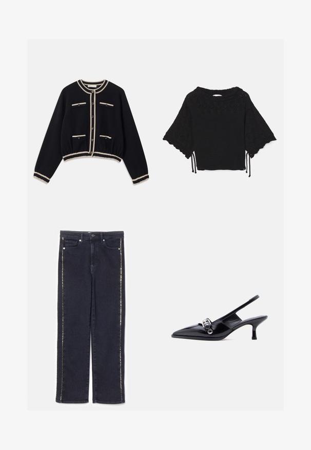 Sort cropped cardigan med cremefarvet kant, med rund hals, knaplukning fortil og to brystlommer. Strikket stof med ribbede manchetter.; Sort strikket kortærmet top med et struktureret mønster, bølgede ærmer og snøre detaljer i kanten.; Mørke denim jeans med lige ben-design og en række af metalliske nitter langs sidesømmene, der giver et særpræget accent.; Sort laklæderslingbacksko med lille hæl, spids tå og sølvsfarvet spænde på ensartet hvid baggrund.