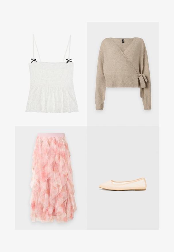 Beige strikket omslagssweater med lange ermer, ribbestrikkede mansjetter og hem, og en side knute på høyre side.; Hvit blondecamisole med tynne stropper, som har svarte sløyfer på skuldrene og en utsvingt kant for en feminin design.; Rosa lagdelt tyll midi skjørt med blomsterprint og elastisk midjebånd, med myke rynkede teksturer.; Beige ballerinasko med spiss tå, flat såle og gjennomsiktig mesh-overdel. Akkompagnert av enkel søm langs kantene.