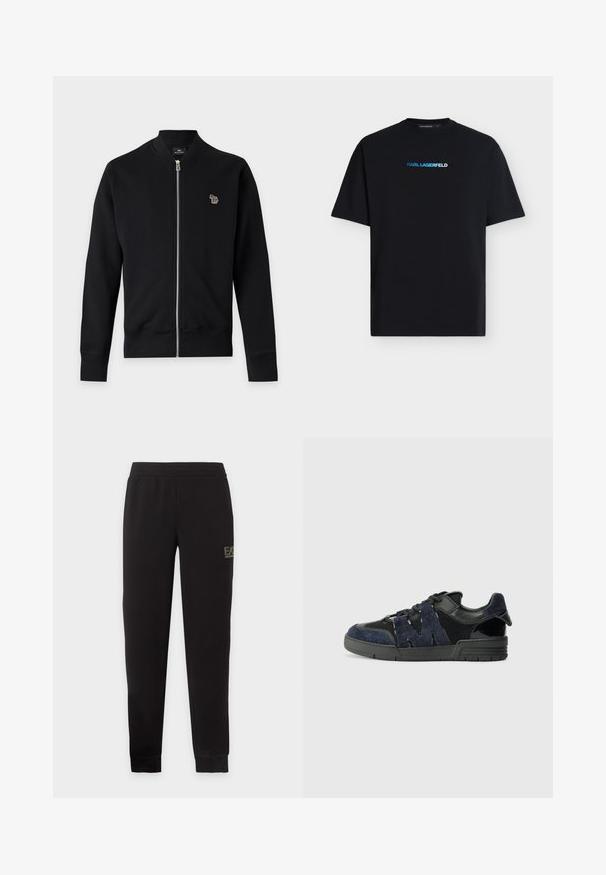 Schwarze Jacke mit Reißverschluss, langen Ärmeln und gerippten Bündchen, mit einem kleinen mehrfarbigen Zebra-Logo auf der linken Brust.; Schwarzes T-Shirt mit kurzen Ärmeln, mittig kleinem blauem „KARL LAGERFELD“-Logo auf der Brust, Rundhalsausschnitt und regulärer Passform.; Schwarze, zulaufende Jogginghose mit elastischem Bund und Bündchen, mit kleinem EA7 Emporio Armani-Logo am oberen rechten Oberschenkel.; Schwarze und marineblaue Sneakers aus Wildleder und Mesh-Materialien, mit einer dicken Sohle und einem markanten Ausschnitt in Form eines "M"-Details an der Seite.