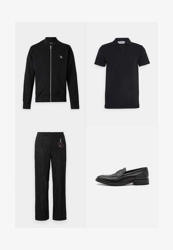 Chaqueta negra con cremallera, mangas largas y puños acanalados, con un pequeño logo de cebra multicolor en el pecho izquierdo.; Camisa polo negra de manga corta con un cuello clásico, fabricada en un tejido suave. Presenta una etiqueta con el nombre de la marca 'Filippa K' en el escote.; Pantalones negros de pierna ancha, texturizados, con un acabado suave y costuras visibles; incluye una etiqueta unida por un lazo de metal plateado.; Mocasín de cuero negro con un acabado suave, una tira decorativa en la parte superior, punta redondeada y un tacón bajo apilado.
