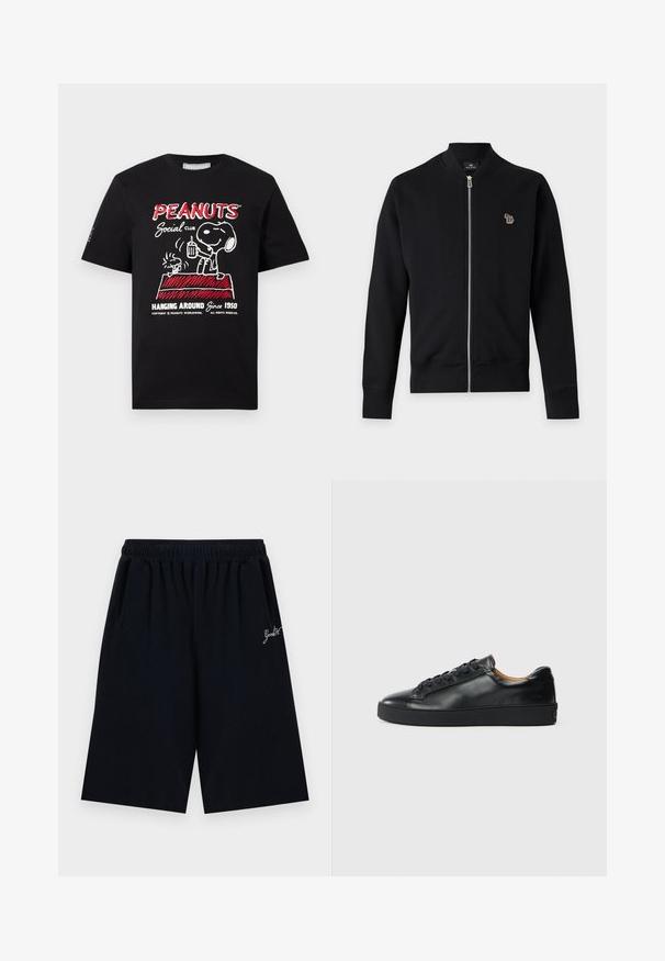 Veste noire zippée à manches longues avec poignets côtelés, avec un petit logo zèbre multicolore sur la poitrine gauche.; T-shirt noir avec Snoopy et Woodstock sur une niche rouge, tenant des boissons, avec le texte "PEANUTS Social Club Hanging Around Since 1950."; Short noir jusqu'au genou avec une ceinture élastique et un petit texte blanc en écriture cursive sur le côté droit.; Baskets en cuir noir avec une texture lisse, bout rond et fermeture à lacets. Comprend une semelle en caoutchouc épaisse et un minimum de détails de marque.