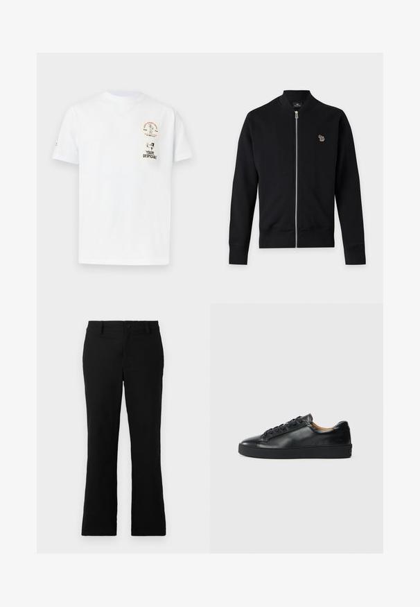 Sort jakke med lynlås, lange ærmer og ribstrikkede manchetter, med et lille flerfarvet zebra-logo på venstre bryst.; Hvid kortærmet T-shirt med rund hals og to små grafiktryk foran: Wile E. Coyote Coffee-logo og silhuet med teksten "You're despicable".; Sorte flagrende bukser lavet af en blanding af bomuldsstof, med knaplukning, bælteløkker og en glat tekstur uden synlige mønstre.; Sorte lædersneakers med en glat overflade, rund tå og snørebåndslukning. Har en tyk gummisål og minimal branddetalje.