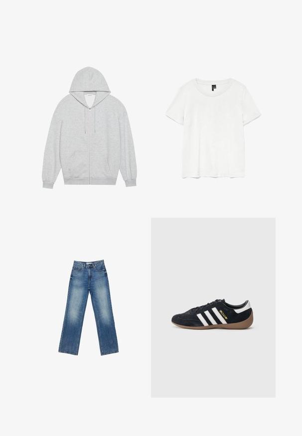 Grå zip-up hættejakke med en stor hætte, lange ærmer og frontlommer. Glat tekstur med en løs pasform og minimal detailing.; Hvid kortærmet t-shirt med rund halsudskæring, lavet af letvægtsstof. Enkel design, glat tekstur og lige kant.; Blå denim wide-leg jeans med en falmet finish, fem lommer, synlig syning, knap- og lynlåslukning, samt en lige pasform.; Sort ruskindssneaker med tre hvide striber, gummisål og et lille gyldent logo på siden. Har en glat sort foring indvendigt.