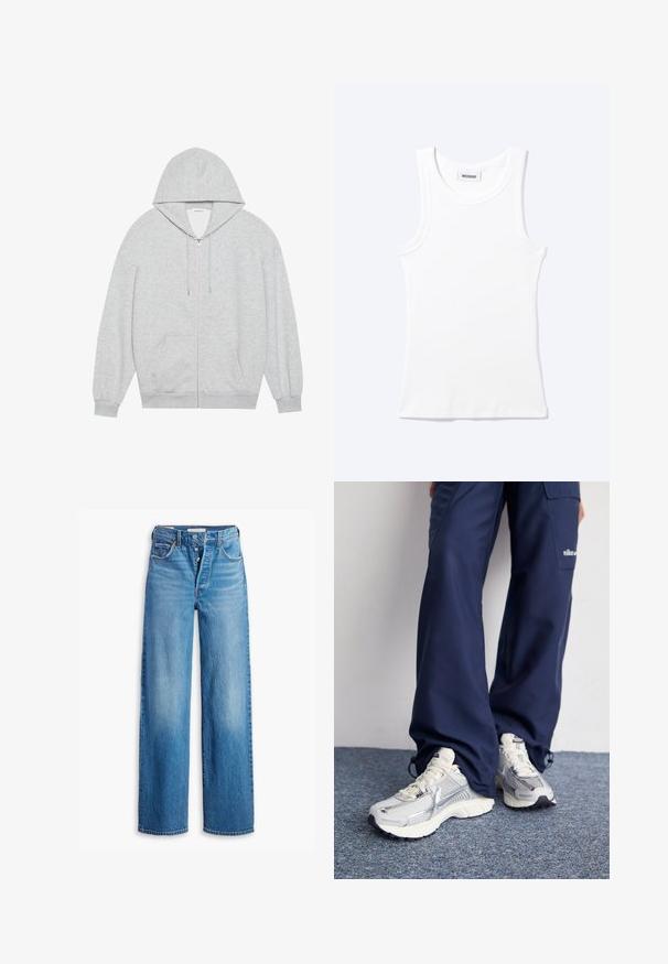 Grå zip-up hættejakke med en stor hætte, lange ærmer og frontlommer. Glat tekstur med en løs pasform og minimal detailing.; Hvid ærmeløs ribstrikket top med rund halsudskæring og en lille label med teksten "WEEKDAY" indeni kraven.; Blå denimjeans med høj talje, vidde ben og fem lomme-design. Har en knaplukning og en falmet finish.; Nike sportssko med en sølvfarvet mesh-overdel, hvide detaljer og strukturerede såler, parret med løstsiddende navy bukser.