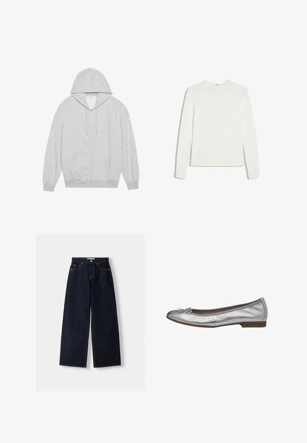 Grijze zip-up hoodie met een grote capuchon, lange mouwen en zijzakken. Glad formaat met een comfortabele pasvorm en minimale details.; Effen wit shirt met lange mouwen en ronde hals, slim fit, plat gelegd op een witte achtergrond.; Donkerblauwe denim wijduitlopende jeans met een hoge taille, vijf zakken, contrasterende stiksels en zilveren metalen hardware. Gladde textuur en een nette afwerking.; Zilverkleurige metallic ballerina met een ronde neus, strikdetail op de neus en een lage houten hak. Zachte textuur en slank ontwerp.